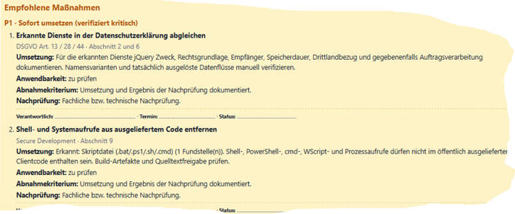 Beispiel aus einem Website-Check-Bericht: priorisierte Maßnahmenliste mit Umsetzungshinweisen, Abnahmekriterien und Feldern für Verantwortlichkeit, Termin und Status.